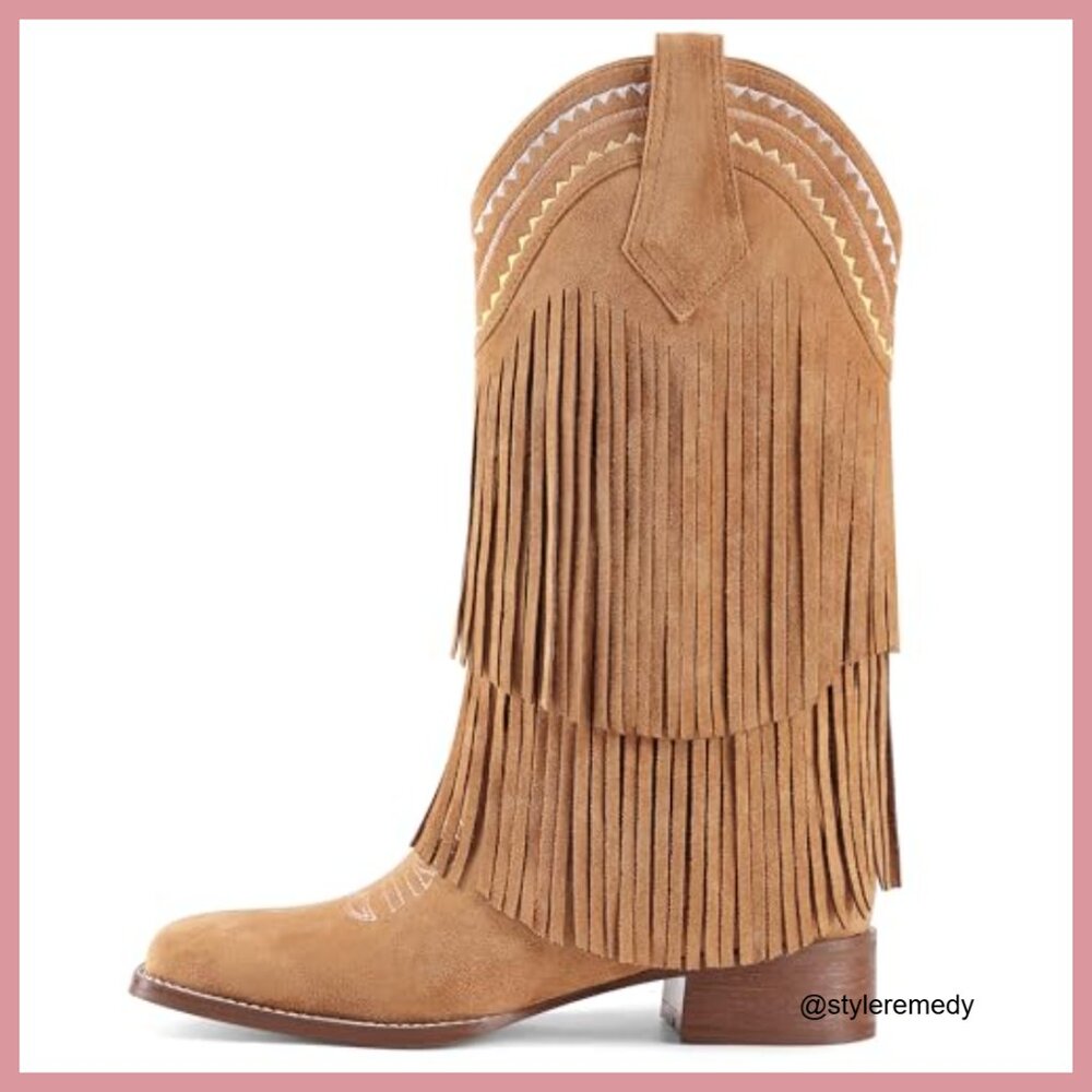 Fringe Mid Calf Cowgirl Boots with Low Chunky Block Heel Square Toe Pull On - Picture 4 of 6